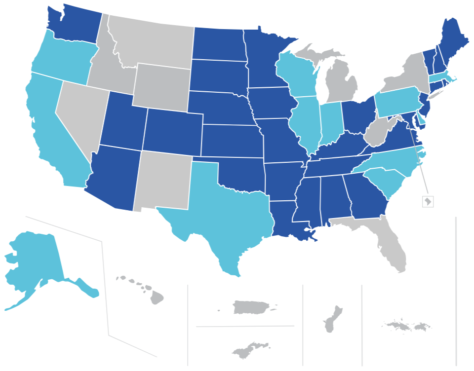 Outline of united states with 2 drawn people on opposite sides and 28 states highlighted